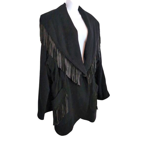 VTG Lorovi Wool Coat Women's L Black Western Fringe Wool Blend Pockets USA Made - Picture 3 of 15